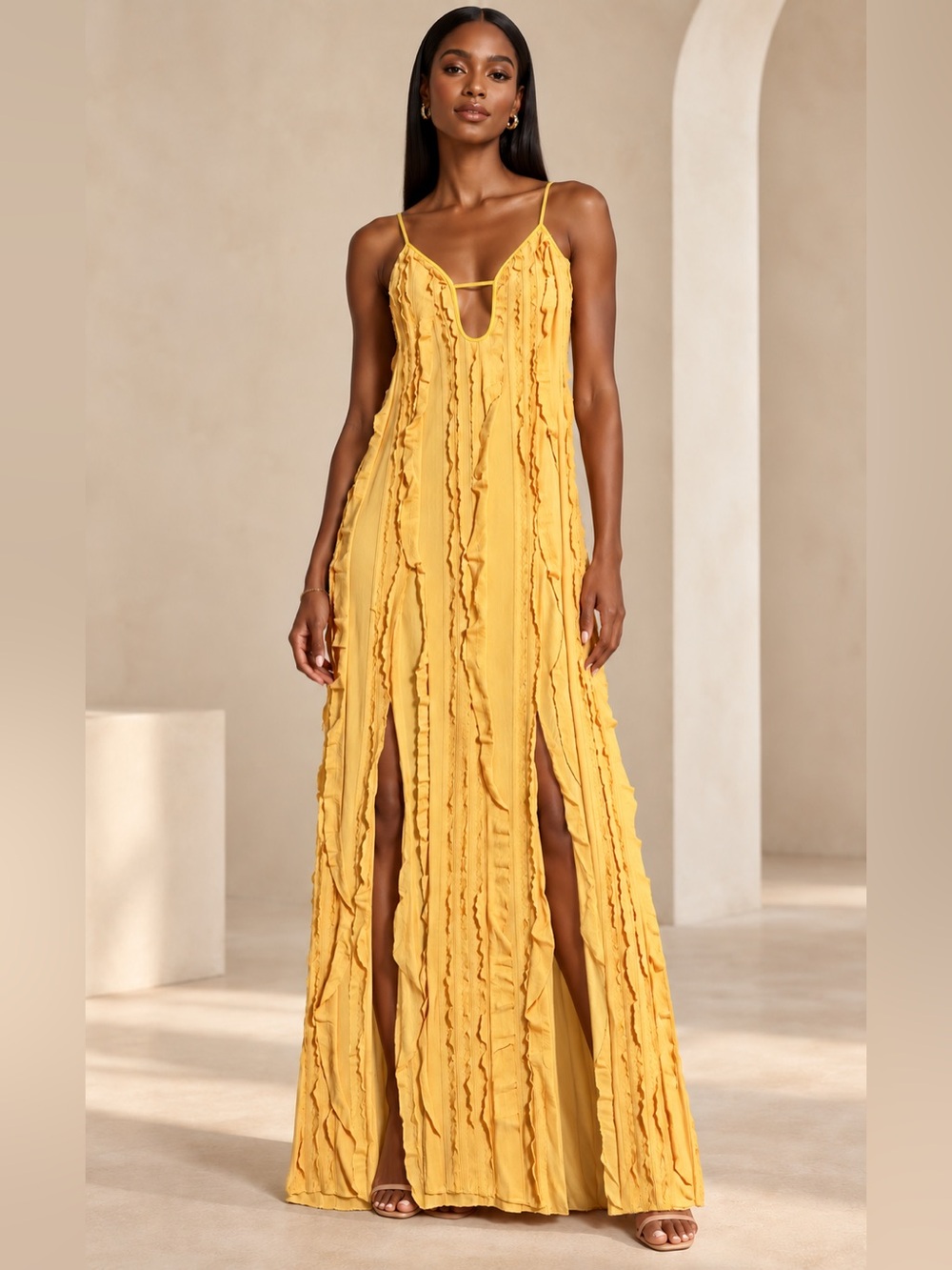 Mustard Ruffle Double-Slit Maxi Dress Size L